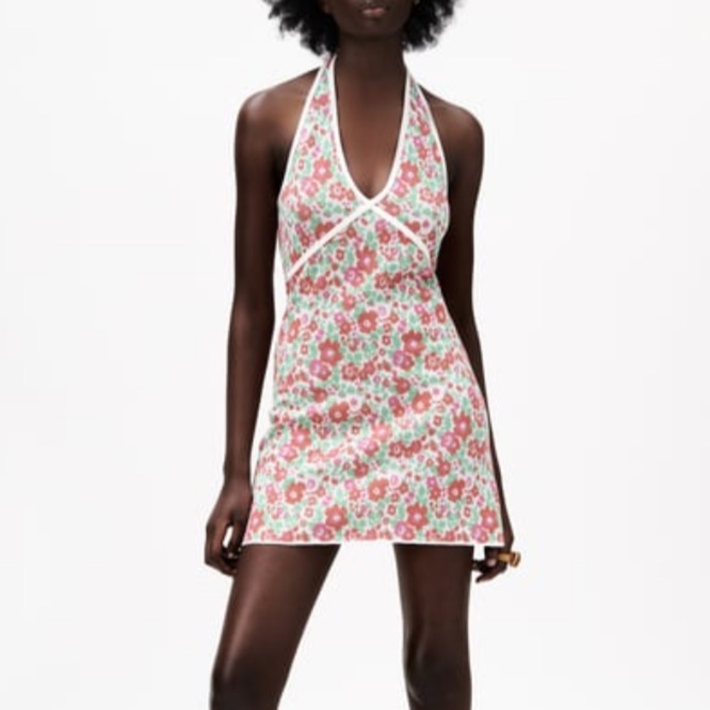 Zara Floral, Halter, Mini, Red, Green, Pink, Summer, Vacation Dress, Size S